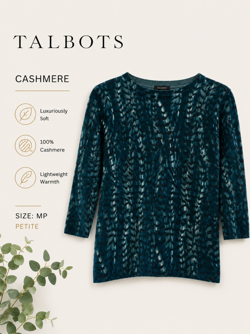 EUC Talbots Petite Cashmere Teal Patterned Top With 3/4 Sleeve, Size MP
